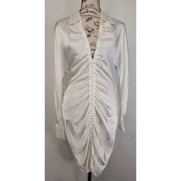 Zara Shirt Dress Womens SZ Small Satin Ruched Front Drape Blogger Fav Ivory - Picture 3 of 11